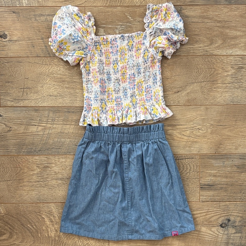 Girls Outfit Medium: Barbie Denim Blue Pull On Skirt & Wonder Nation Puff Sleeve